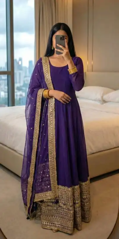 ZSR 3152 Purple Color Roman silk Gown with Embroidery Work & Lace Work. Grab it for βΉ2599. Delivery 4-6 Working Days. Shop now. | Gowns, Bollywood Gowns, Creative Gowns, Designer Gowns, Embroidered Gowns, Party Wear Gowns