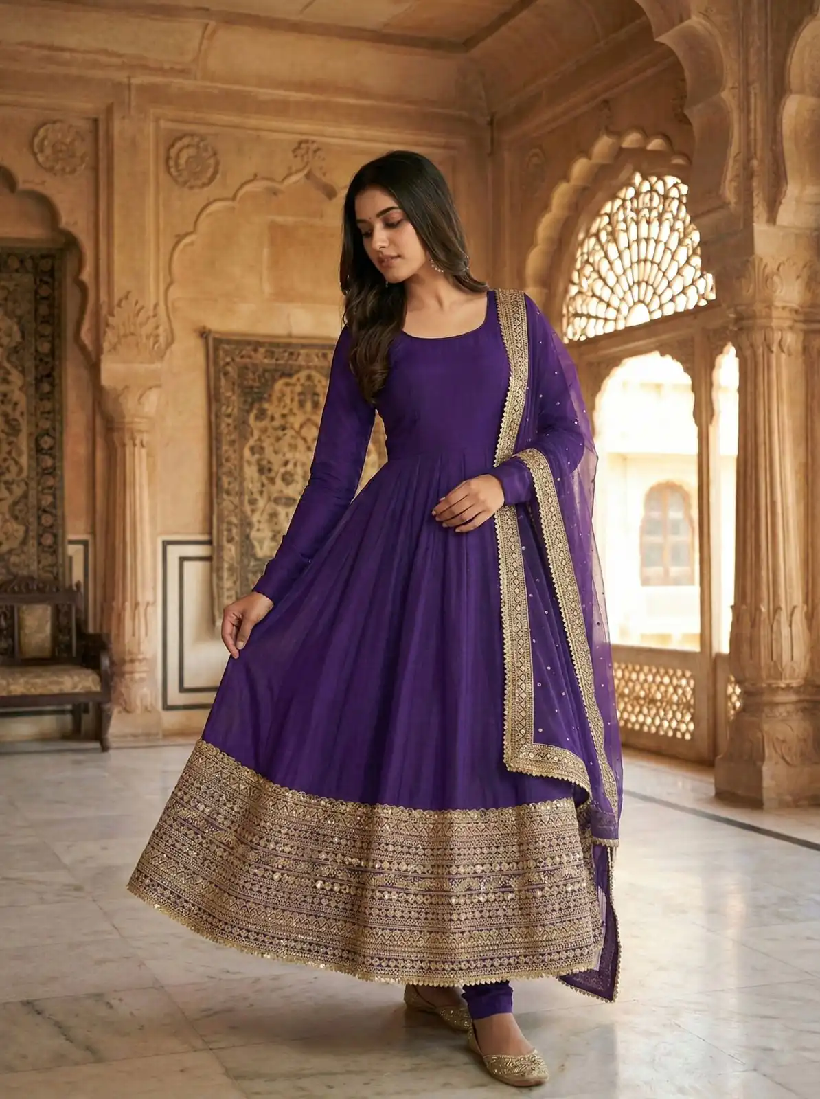 ZSR 3152 Purple Color Roman silk Gown with Embroidery Work & Lace Work. Grab it for ₹2599. Delivery 4-6 Working Days. Shop now. | Gowns, Bollywood Gowns, Creative Gowns, Designer Gowns, Embroidered Gowns, Party Wear Gowns