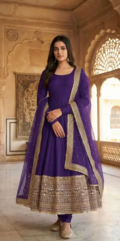 ZSR 3152 Purple Color Roman silk Gown with Embroidery Work & Lace Work. Grab it for ₹2599. Delivery 4-6 Working Days. Shop now. | Gowns, Bollywood Gowns, Creative Gowns, Designer Gowns, Embroidered Gowns, Party Wear Gowns
