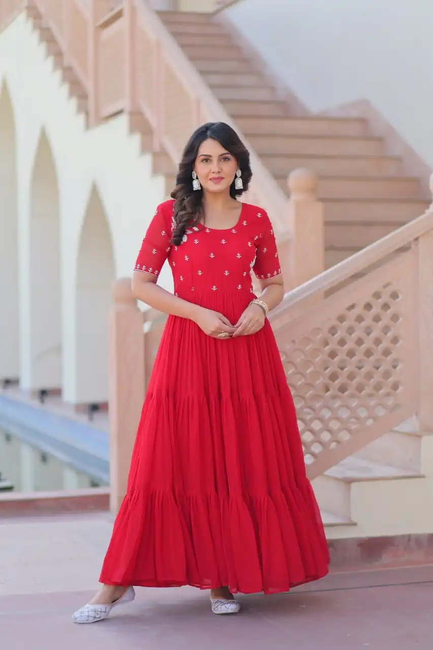 KA 1173 Red Faux Blooming Gown Perfect for Wedding, Party, Eid, Pooja, Baisakhi – . Now at just ₹1849. Delivery 4-6 Working Days. Shop now. | Gowns, Bollywood Gowns, Creative Gowns, Designer Gowns, Embroidered Gowns, Party Wear Gowns