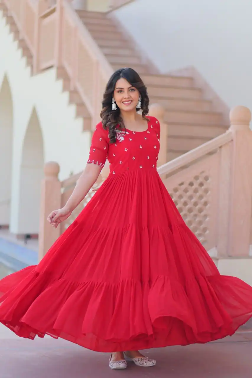 KA 1173 Red Faux Blooming Gown Perfect for Wedding, Party, Eid, Pooja, Baisakhi – . Now at just ₹1849. Delivery 4-6 Working Days. Shop now. | Gowns, Bollywood Gowns, Creative Gowns, Designer Gowns, Embroidered Gowns, Party Wear Gowns