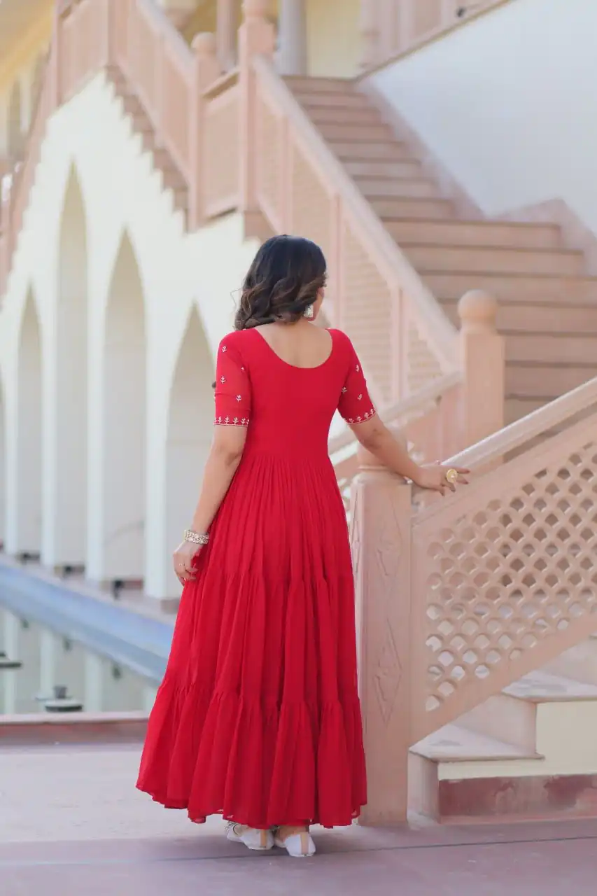 KA 1173 Red Faux Blooming Gown Perfect for Wedding, Party, Eid, Pooja, Baisakhi – . Now at just ₹1849. Delivery 4-6 Working Days. Shop now. | Gowns, Bollywood Gowns, Creative Gowns, Designer Gowns, Embroidered Gowns, Party Wear Gowns