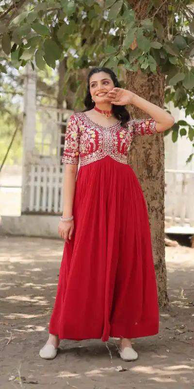 KA 1110 Red Faux Blooming Gown Perfect for Wedding, Party, Holi, Lohri, Baby Shower – . Introductory Price ₹1649. Delivery 4-6 Working Days. Shop no | Gowns, Bollywood Gowns, Creative Gowns, Designer Gowns, Embroidered Gowns, Party Wear Gowns