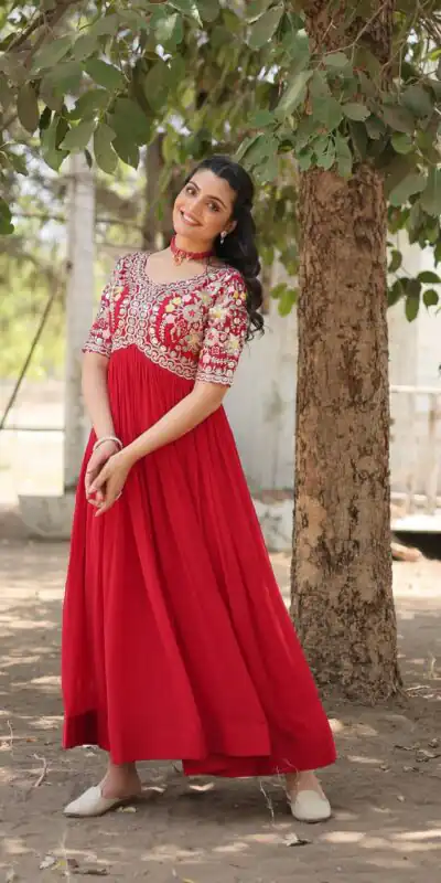KA 1110 Red Faux Blooming Gown Perfect for Wedding, Party, Holi, Lohri, Baby Shower – . Introductory Price ₹1649. Delivery 4-6 Working Days. Shop no | Gowns, Bollywood Gowns, Creative Gowns, Designer Gowns, Embroidered Gowns, Party Wear Gowns