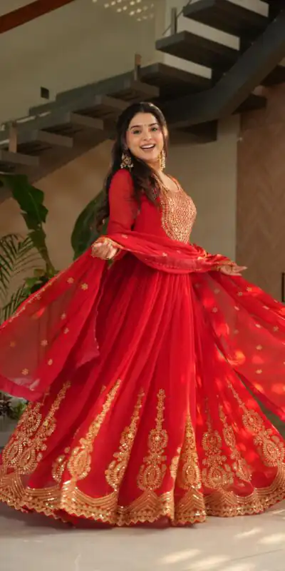 KA 1162 Red Faux Blooming Gown with Embroidery Work & Zari Work. Available at ₹2649 only. Delivery 4-6 Working Days. Shop now. | Gowns, Bollywood Gowns, Creative Gowns, Designer Gowns, Embroidered Gowns, Party Wear Gowns