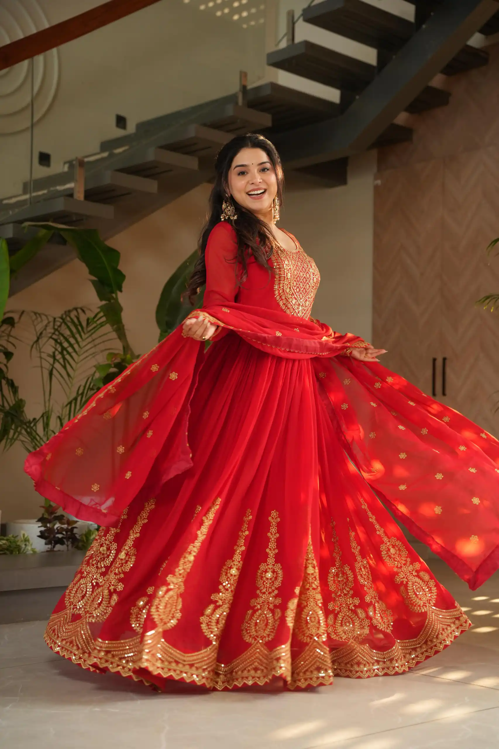 KA 1162 Red Faux Blooming Gown with Embroidery Work & Zari Work. Available at ₹2649 only. Delivery 4-6 Working Days. Shop now. | Gowns, Bollywood Gowns, Creative Gowns, Designer Gowns, Embroidered Gowns, Party Wear Gowns