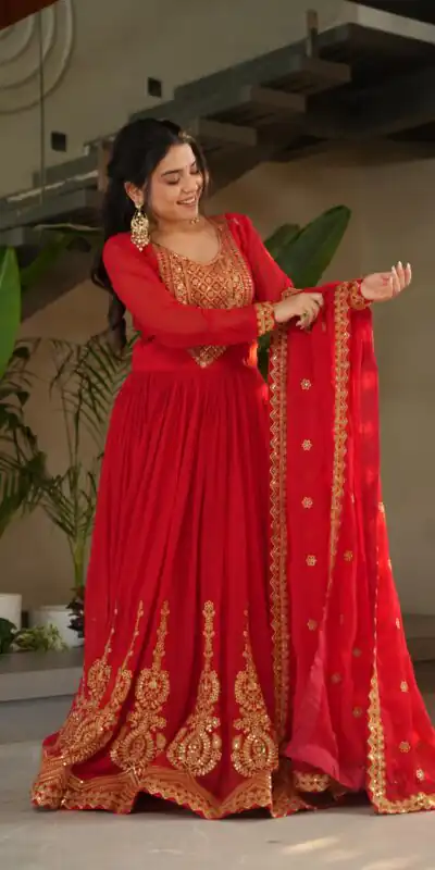 KA 1162 Red Faux Blooming Gown with Embroidery Work & Zari Work. Available at ₹2649 only. Delivery 4-6 Working Days. Shop now. | Gowns, Bollywood Gowns, Creative Gowns, Designer Gowns, Embroidered Gowns, Party Wear Gowns