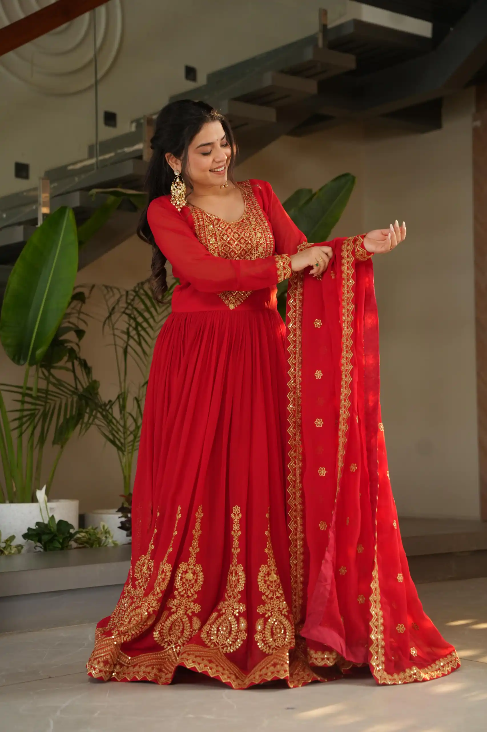 KA 1162 Red Faux Blooming Gown with Embroidery Work & Zari Work. Available at ₹2649 only. Delivery 4-6 Working Days. Shop now. | Gowns, Bollywood Gowns, Creative Gowns, Designer Gowns, Embroidered Gowns, Party Wear Gowns