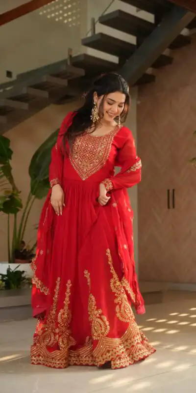 KA 1162 Red Faux Blooming Gown with Embroidery Work & Zari Work. Available at βΉ2649 only. Delivery 4-6 Working Days. Shop now. | Gowns, Bollywood Gowns, Creative Gowns, Designer Gowns, Embroidered Gowns, Party Wear Gowns