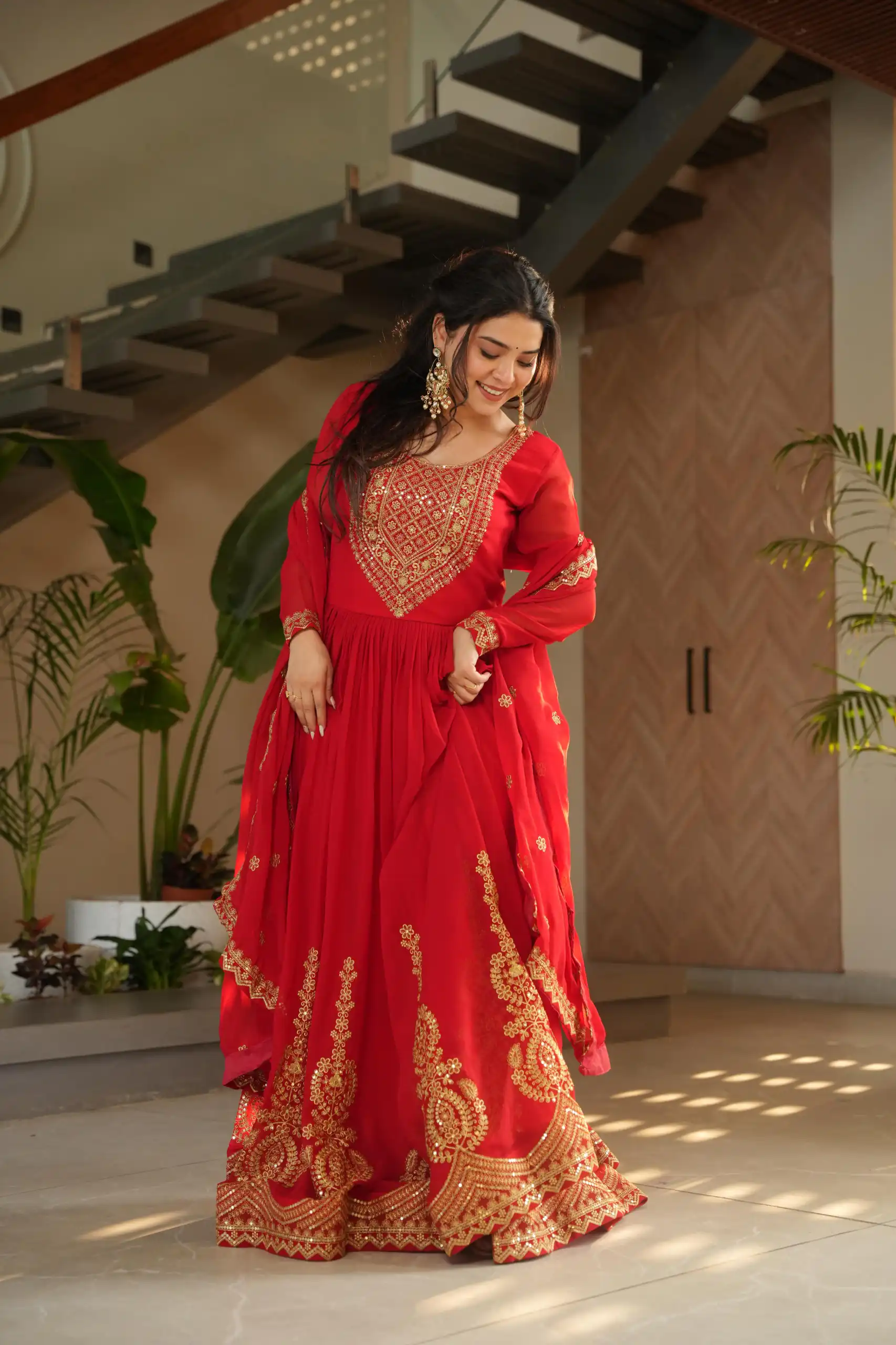 KA 1162 Red Faux Blooming Gown with Embroidery Work & Zari Work. Available at ₹2649 only. Delivery 4-6 Working Days. Shop now. | Gowns, Bollywood Gowns, Creative Gowns, Designer Gowns, Embroidered Gowns, Party Wear Gowns