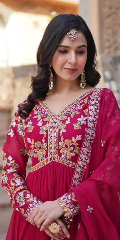 KA 1147 Red Faux Blooming Gown with Embroidery Work & Zari Work. Affordable Price ₹2049. Delivery 4-6 Working Days. Shop now. | Gowns, Bollywood Gowns, Creative Gowns, Designer Gowns, Embroidered Gowns, Party Wear Gowns