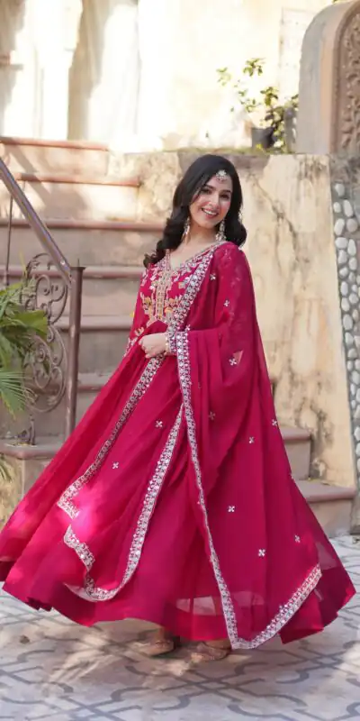 KA 1147 Red Faux Blooming Gown with Embroidery Work & Zari Work. Affordable Price ₹2049. Delivery 4-6 Working Days. Shop now. | Gowns, Bollywood Gowns, Creative Gowns, Designer Gowns, Embroidered Gowns, Party Wear Gowns