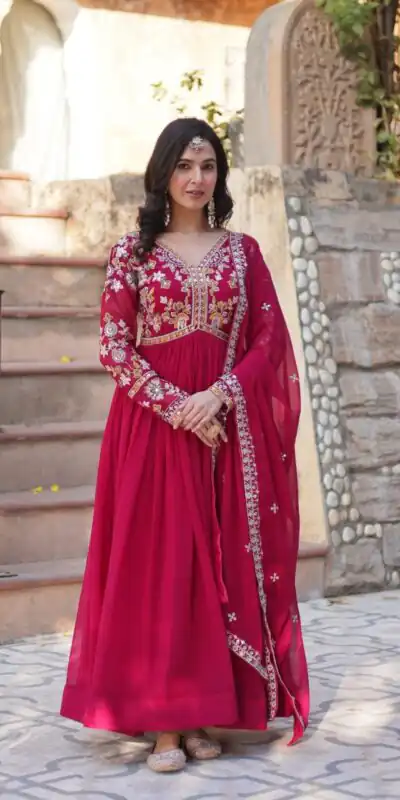 KA 1147 Red Faux Blooming Gown with Embroidery Work & Zari Work. Affordable Price βΉ2049. Delivery 4-6 Working Days. Shop now. | Gowns, Bollywood Gowns, Creative Gowns, Designer Gowns, Embroidered Gowns, Party Wear Gowns