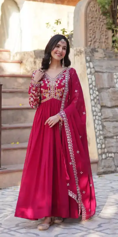 KA 1147 Red Faux Blooming Gown with Embroidery Work & Zari Work. Affordable Price ₹2049. Delivery 4-6 Working Days. Shop now. | Gowns, Bollywood Gowns, Creative Gowns, Designer Gowns, Embroidered Gowns, Party Wear Gowns
