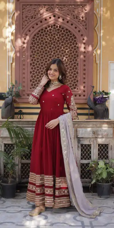 KA 1148 Red Color Faux Blooming Gown with Zari Work & Embroidery Work. Grab it for ₹1899. Delivery 4-6 Working Days. Shop now. | Gowns, Bollywood Gowns, Creative Gowns, Designer Gowns, Embroidered Gowns, Party Wear Gowns