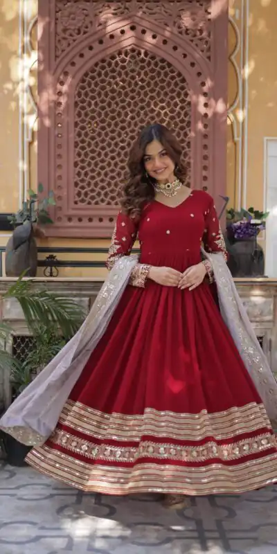 KA 1148Β Red Color Faux Blooming Gown with Zari Work & Embroidery Work. Grab it for βΉ1899. Delivery 4-6 Working Days. Shop now. | Gowns, Bollywood Gowns, Creative Gowns, Designer Gowns, Embroidered Gowns, Party Wear Gowns