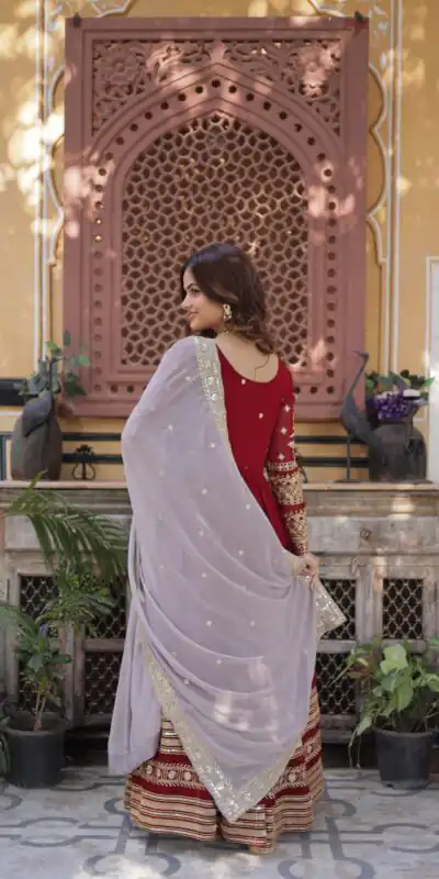 KA 1148 Red Color Faux Blooming Gown with Zari Work & Embroidery Work. Grab it for ₹1899. Delivery 4-6 Working Days. Shop now. | Gowns, Bollywood Gowns, Creative Gowns, Designer Gowns, Embroidered Gowns, Party Wear Gowns