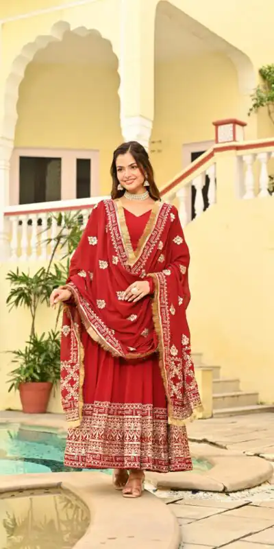 KA 1207 Red Faux Blooming Gown with Embroidery Work & Zari Work. Festive Deal βΉ2649. Delivery 4-6 Working Days. Shop now. | Gowns, Bollywood Gowns, Creative Gowns, Designer Gowns, Embroidered Gowns, Party Wear Gowns