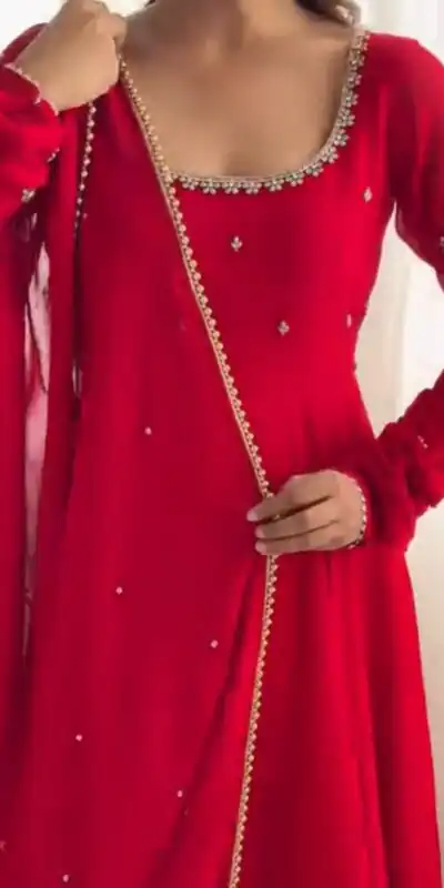 LKD 1527 Red in Faux Georgette ace Work Gown . Wedding, Party, Festive, Events, Exclusive Offer ₹2049. Delivery 4-6 Working Days. Shop now. | Gowns, Bollywood Gowns, Creative Gowns, Designer Gowns, Embroidered Gowns, Party Wear Gowns