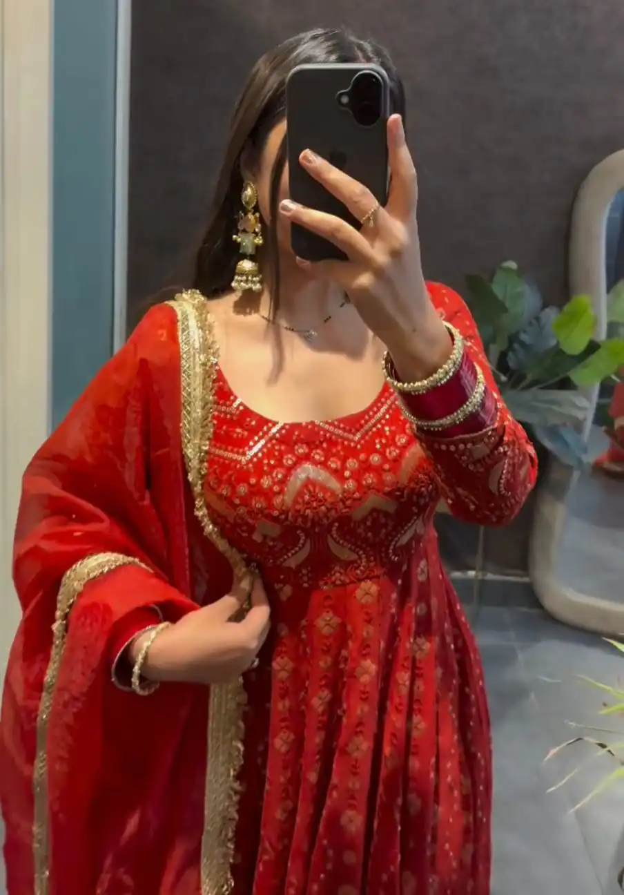 KD 1570 Red Faux Georgette Sequence Work Gown Gown. Wedding, Party, Festive, Events Grab it for ₹2599. Delivery 4-6 Working Days. Shop now. | Gowns, Bollywood Gowns, Creative Gowns, Designer Gowns, Embroidered Gowns, Party Wear Gowns