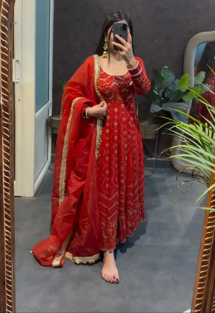 KD 1570 Red Faux Georgette Sequence Work Gown Gown. Wedding, Party, Festive, Events Grab it for ₹2599. Delivery 4-6 Working Days. Shop now. | Gowns, Bollywood Gowns, Creative Gowns, Designer Gowns, Embroidered Gowns, Party Wear Gowns