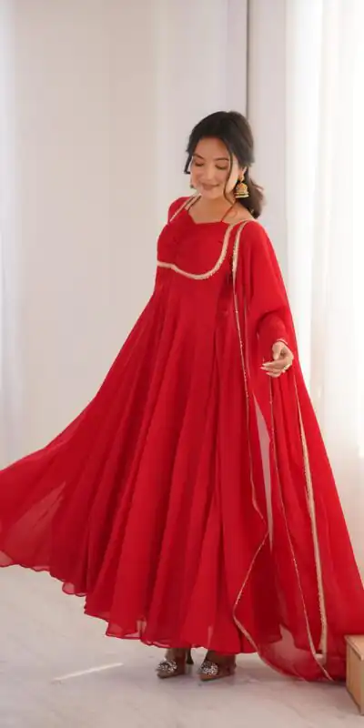 KB 291 Red Color Fox Blooming Georgette Gown with Lace Work. Affordable Price ₹1899. Delivery 4-6 Working Days. Shop now. | Gowns, Bollywood Gowns, Creative Gowns, Designer Gowns, Embroidered Gowns, Party Wear Gowns