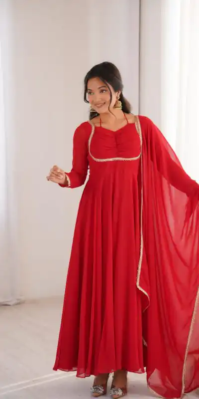 KB 291 Red Color Fox Blooming Georgette Gown with Lace Work. Affordable Price ₹1899. Delivery 4-6 Working Days. Shop now. | Gowns, Bollywood Gowns, Creative Gowns, Designer Gowns, Embroidered Gowns, Party Wear Gowns