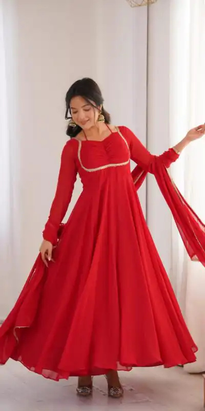 KB 291 Red Color Fox Blooming Georgette Gown with Lace Work. Affordable Price ₹1899. Delivery 4-6 Working Days. Shop now. | Gowns, Bollywood Gowns, Creative Gowns, Designer Gowns, Embroidered Gowns, Party Wear Gowns