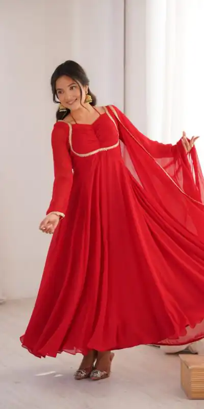 KB 291 Red Color Fox Blooming Georgette Gown with Lace Work. Affordable Price βΉ1899. Delivery 4-6 Working Days. Shop now. | Gowns, Bollywood Gowns, Creative Gowns, Designer Gowns, Embroidered Gowns, Party Wear Gowns