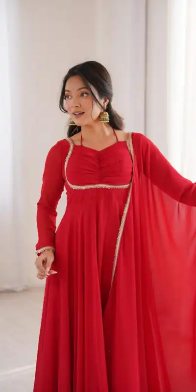 KB 291 Red Color Fox Blooming Georgette Gown with Lace Work. Affordable Price ₹1899. Delivery 4-6 Working Days. Shop now. | Gowns, Bollywood Gowns, Creative Gowns, Designer Gowns, Embroidered Gowns, Party Wear Gowns