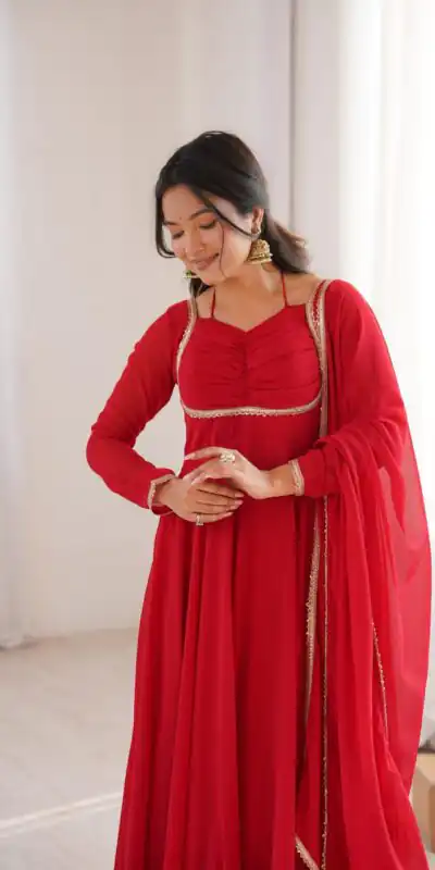 KB 291 Red Color Fox Blooming Georgette Gown with Lace Work. Affordable Price ₹1899. Delivery 4-6 Working Days. Shop now. | Gowns, Bollywood Gowns, Creative Gowns, Designer Gowns, Embroidered Gowns, Party Wear Gowns