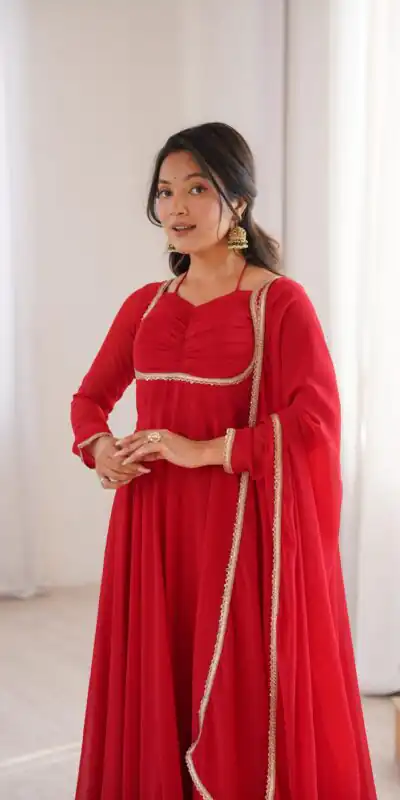 KB 291 Red Color Fox Blooming Georgette Gown with Lace Work. Affordable Price ₹1899. Delivery 4-6 Working Days. Shop now. | Gowns, Bollywood Gowns, Creative Gowns, Designer Gowns, Embroidered Gowns, Party Wear Gowns