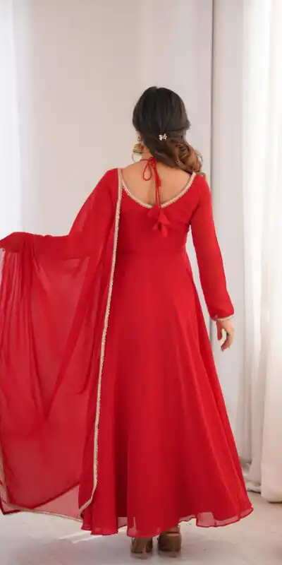 KB 291 Red Color Fox Blooming Georgette Gown with Lace Work. Affordable Price ₹1899. Delivery 4-6 Working Days. Shop now. | Gowns, Bollywood Gowns, Creative Gowns, Designer Gowns, Embroidered Gowns, Party Wear Gowns
