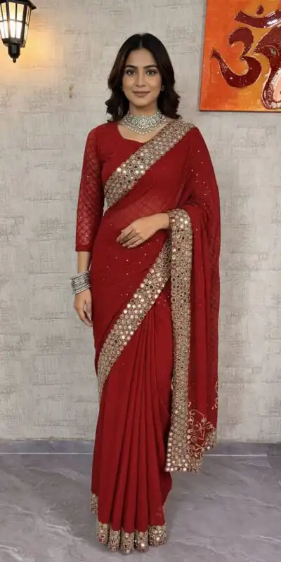 BD 1811 Red in Faux Georgette Mirror Work & Embroidery Work Saree . Exclusive Offer ₹2049. Delivery 4-6 Working Days. Shop now. | Sarees, Bollywood Sarees, Creative Sarees, Designer Sarees, Embroidered Sarees, Ethnic Saree, Modern Digital sarees, Party Wear Sarees