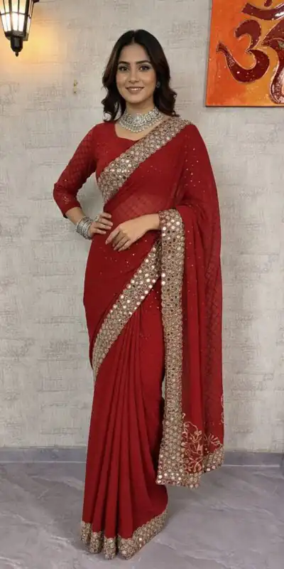 BD 1811 Red in Faux Georgette Mirror Work & Embroidery Work Saree . Exclusive Offer ₹2049. Delivery 4-6 Working Days. Shop now. | Sarees, Bollywood Sarees, Creative Sarees, Designer Sarees, Embroidered Sarees, Ethnic Saree, Modern Digital sarees, Party Wear Sarees