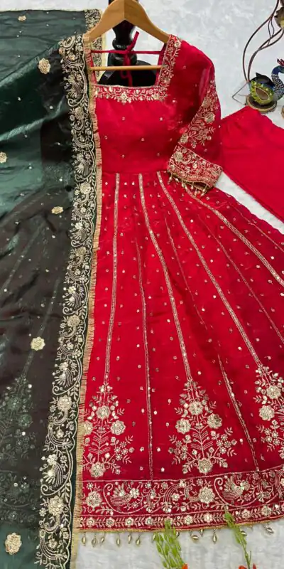 VLM 313 Red JC Silk Gown. Perfect for Wedding, Party, Sangeet, Baisakhi, Diwali – Introductory Price ₹2599. Delivery 4-6 Working Days. Shop now. | Gowns, Bollywood Gowns, Creative Gowns, Designer Gowns, Embroidered Gowns, Party Wear Gowns