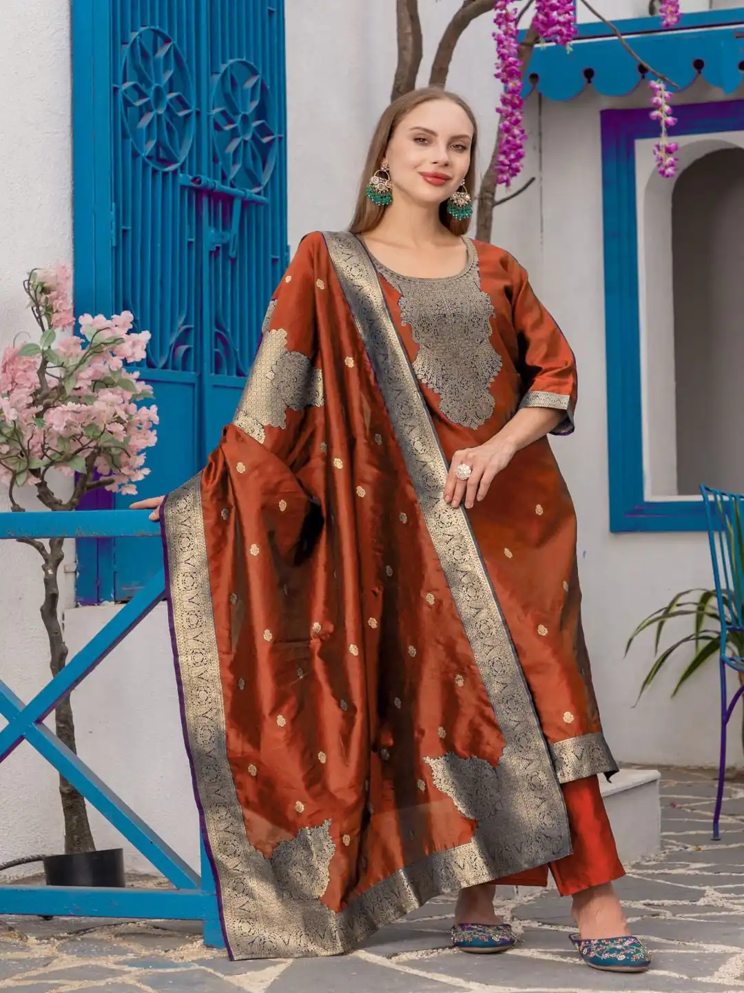 MF 111 Rust Chanderi Jacquard Salwar Suit with Zari Work. Best Price ₹1499. Wedding, Party, Festive, Events Delivery 4-6 Working Days. Shop now. | Jump Suits, Tops & Bottoms, Track Suits, Salwar suit, Casual Suits, Creative suits, Designer Suits, Palazzo Suits, Party Wear Suits, Patiala Suits, Straight Suits, Trendy Wear