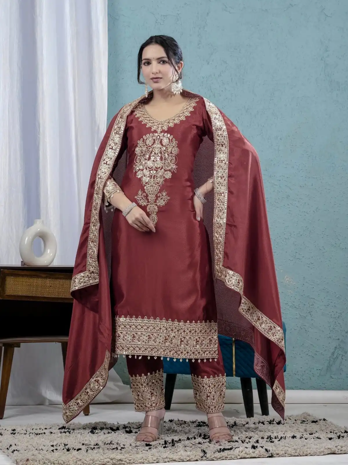ND 5034 Rust Chinon Silk Salwar Suit with Lace Work & Embroidery Work. Best Price ₹2099. Delivery 4-6 Working Days. Shop now. | Jump Suits, Tops & Bottoms, Track Suits, Salwar suit, Casual Suits, Creative suits, Designer Suits, Palazzo Suits, Party Wear Suits, Patiala Suits, Straight Suits, Trendy Wear