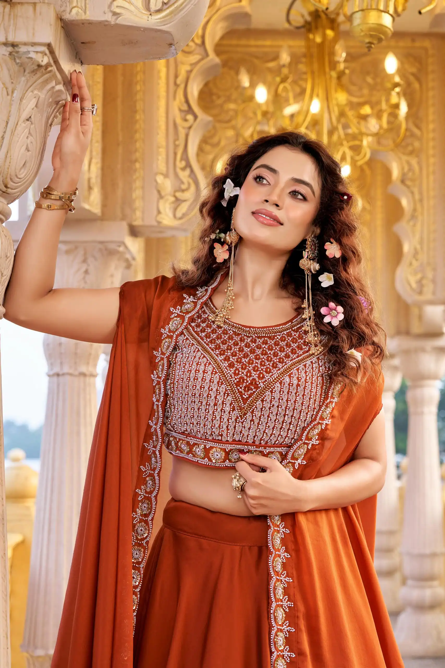 Ram 155 Rust in Color Rangoli Silk Embroidery Work Lehenga Choli . Exclusive Offer ₹3249. Delivery 4-6 Working Days. Shop now. | Lehenga, Bollywood Lehenga, Creative Lehenga, Designer Lehenga, Embroidered Lehenga, Party Wear Lehenga