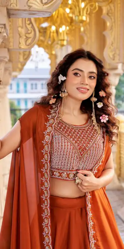 Ram 155 Rust in Color Rangoli Silk Embroidery Work Lehenga Choli . Exclusive Offer ₹3249. Delivery 4-6 Working Days. Shop now. | Lehenga, Bollywood Lehenga, Creative Lehenga, Designer Lehenga, Embroidered Lehenga, Party Wear Lehenga