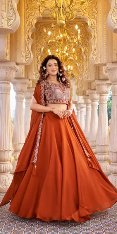 Ram 155 Rust in Color Rangoli Silk Embroidery Work Lehenga Choli . Exclusive Offer βΉ3249. Delivery 4-6 Working Days. Shop now. | Lehenga, Bollywood Lehenga, Creative Lehenga, Designer Lehenga, Embroidered Lehenga, Party Wear Lehenga