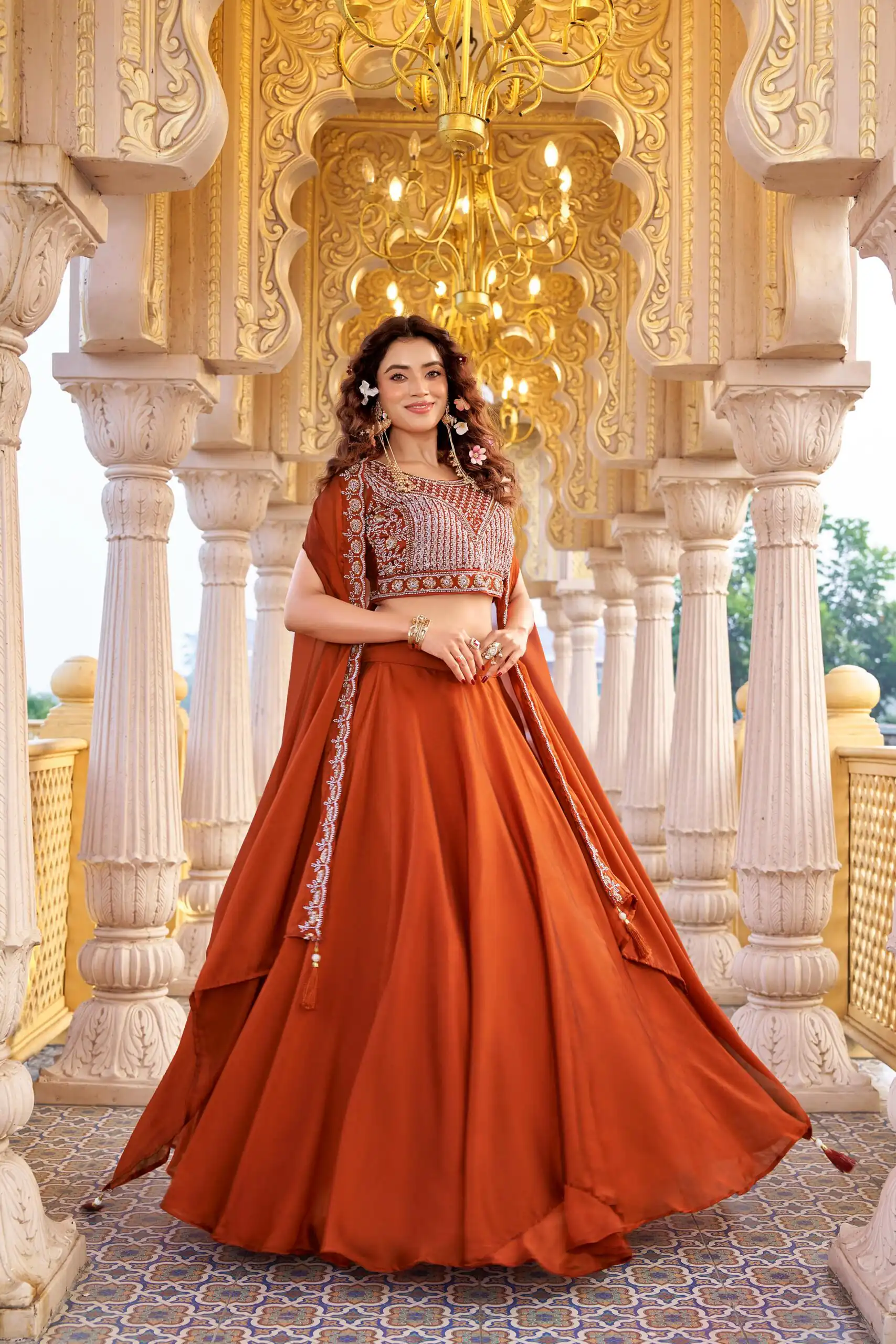 Ram 155 Rust in Color Rangoli Silk Embroidery Work Lehenga Choli . Exclusive Offer ₹3249. Delivery 4-6 Working Days. Shop now. | Lehenga, Bollywood Lehenga, Creative Lehenga, Designer Lehenga, Embroidered Lehenga, Party Wear Lehenga
