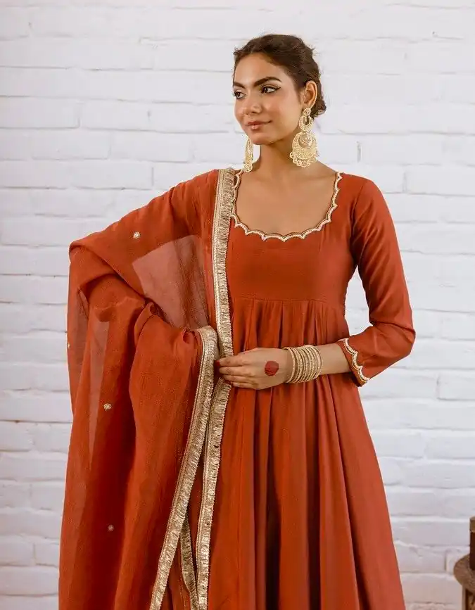 SRk 5324 Rust Color Vichitra silk Gown with Bead Work & Lace Work. Now at just ₹1849. Delivery 4-6 Working Days. Shop now. | Gowns, Bollywood Gowns, Creative Gowns, Designer Gowns, Embroidered Gowns, Party Wear Gowns