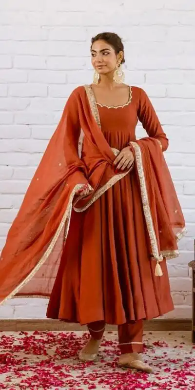 SRk 5324 Rust Color Vichitra silk Gown with Bead Work & Lace Work. Now at just ₹1849. Delivery 4-6 Working Days. Shop now. | Gowns, Bollywood Gowns, Creative Gowns, Designer Gowns, Embroidered Gowns, Party Wear Gowns