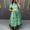 MF 666 Sea Green Malai Satin Gown with Digital Print & Kalamkari Print. Now at just ₹1499. Delivery 4-6 Working Days. Shop now. | Gowns, Bollywood Gowns, Creative Gowns, Designer Gowns, Embroidered Gowns, Party Wear Gowns