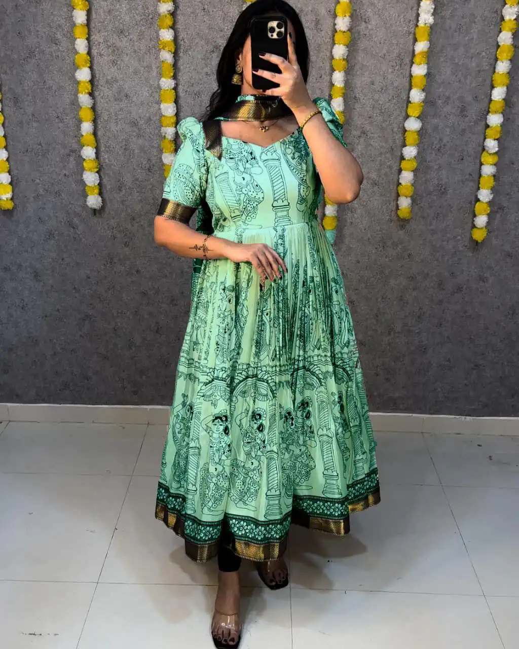 MF 666 Sea Green Malai Satin Gown with Digital Print & Kalamkari Print. Now at just ₹1499. Delivery 4-6 Working Days. Shop now. | Gowns, Bollywood Gowns, Creative Gowns, Designer Gowns, Embroidered Gowns, Party Wear Gowns