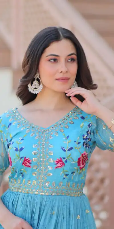 KA 1171 Sky Blue in Gold Crush Zari Work & Embroidery Work Gown . Affordable Price ₹1799. Delivery 4-6 Working Days. Shop now. | Gowns, Bollywood Gowns, Creative Gowns, Designer Gowns, Embroidered Gowns, Party Wear Gowns