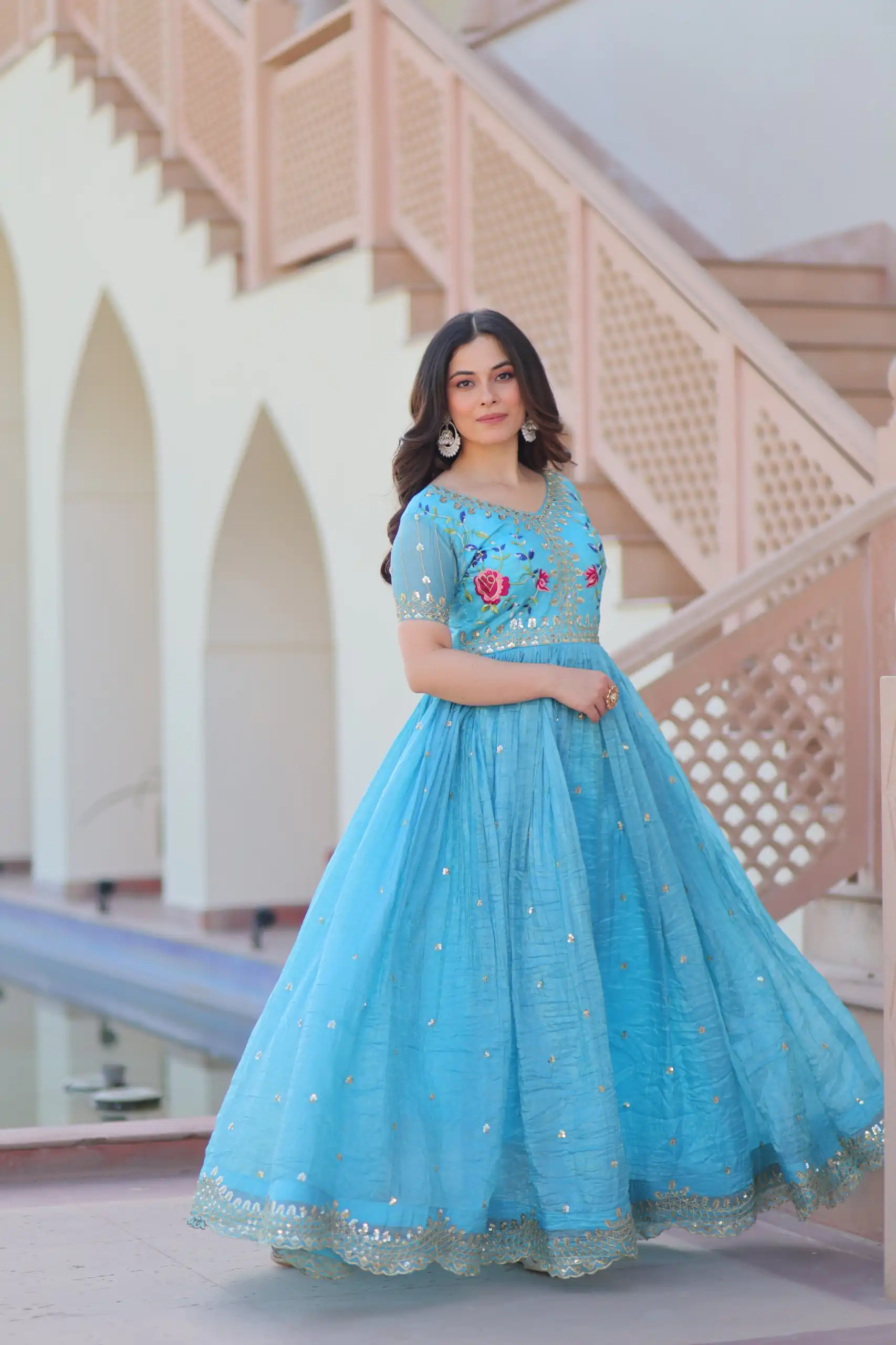 KA 1171 Sky Blue in Gold Crush Zari Work & Embroidery Work Gown . Affordable Price ₹1799. Delivery 4-6 Working Days. Shop now. | Gowns, Bollywood Gowns, Creative Gowns, Designer Gowns, Embroidered Gowns, Party Wear Gowns