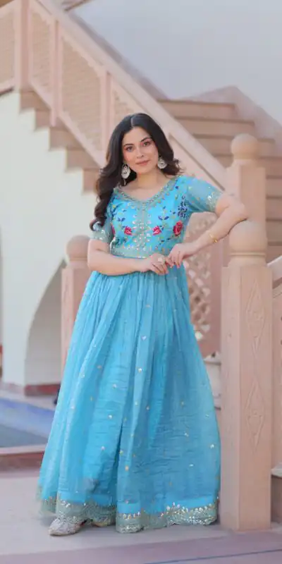 KA 1171 Sky Blue in Gold Crush Zari Work & Embroidery Work Gown . Affordable Price ₹1799. Delivery 4-6 Working Days. Shop now. | Gowns, Bollywood Gowns, Creative Gowns, Designer Gowns, Embroidered Gowns, Party Wear Gowns