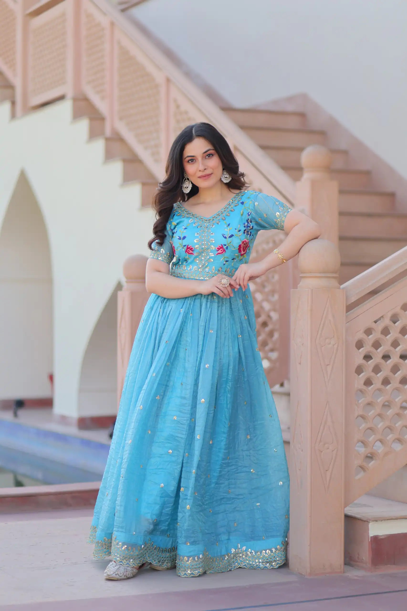 KA 1171 Sky Blue in Gold Crush Zari Work & Embroidery Work Gown . Affordable Price ₹1799. Delivery 4-6 Working Days. Shop now. | Gowns, Bollywood Gowns, Creative Gowns, Designer Gowns, Embroidered Gowns, Party Wear Gowns